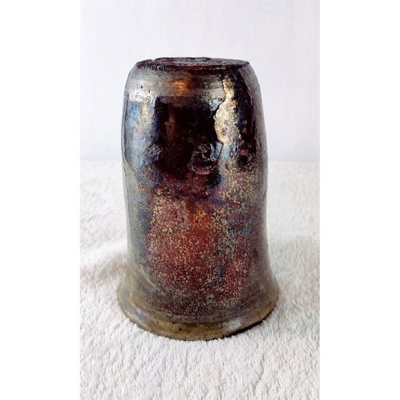 Raku Art Vase Brown Iridescent Tones Textured Rustic Tumbler Thrown Pottery 5.5" - Picture 6 of 15